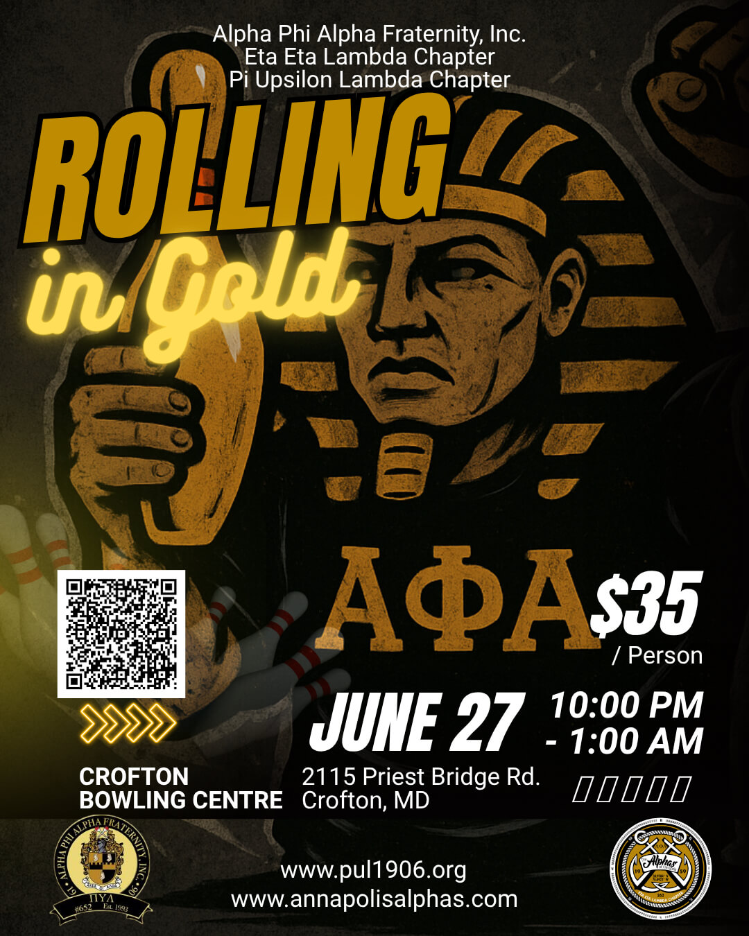 Rolling in Gold Bowling Party with Alpha Phi Alpha Fraternity Incorporated Eta Eta Lambda Chapter and Pi Upsilon Lambda Chapter. June 27, 2026 from 10am-1am.